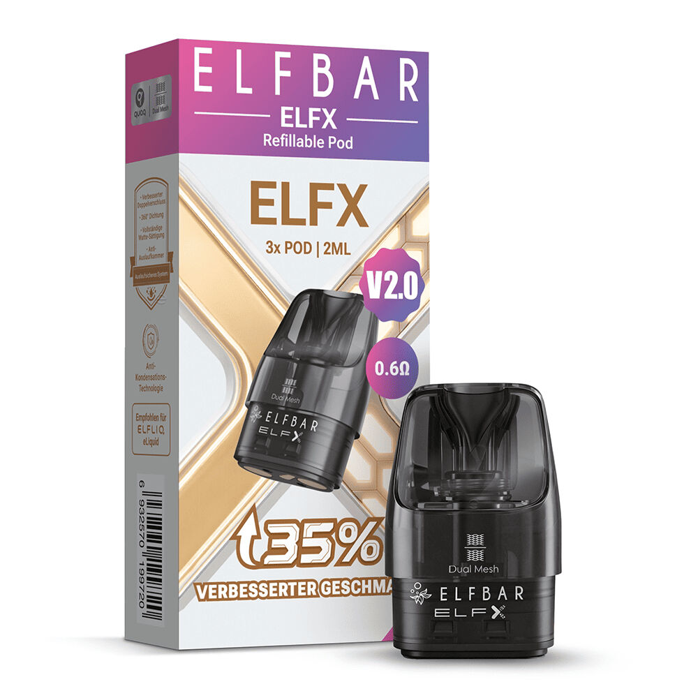 Elfbar Elfx V2 2ml Pods mit Coil Elfbar Elfx V2 2ml Pods mit Coil, schwarze Meshed-Pod, Verpackung mit Text wie "35% verbesserter Geschmack" und "V2.0 0.6Ω".