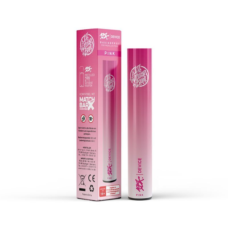 187 Strassenbande Prefilled Pod Kit Pink 187 Strassenbande Akku in Pink mit passender Verpackung, zeigt Logo und Kompatibilität mit Match Bar Geräten, ab 18 Jahren geeignet.