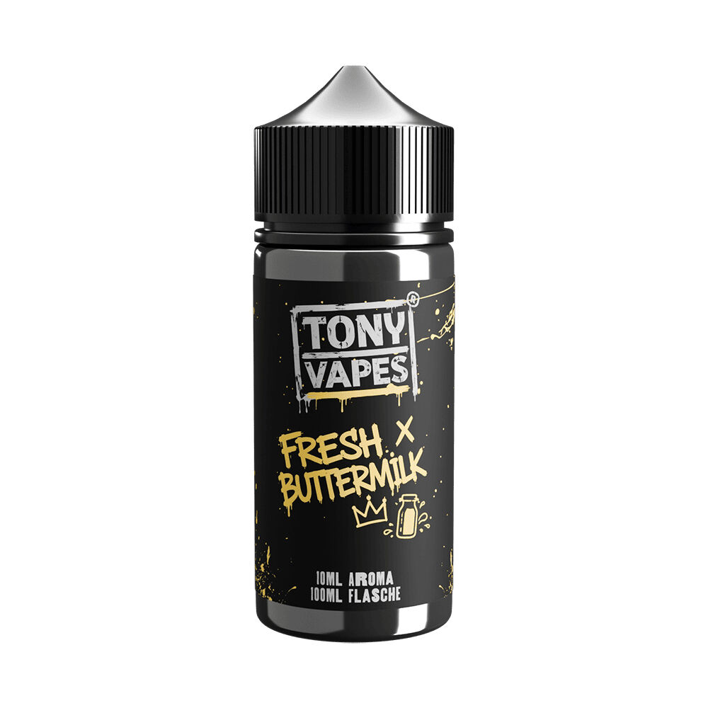 Tony Vapes Aroma Flasche mit der Aufschrift Fresh Buttermilk, schwarzes Etikett, 100ml Fassungsvermögen, mit Spritzern und Kronensymbol.