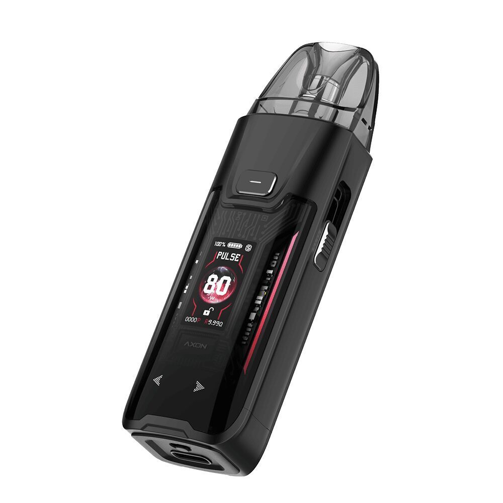 Vaporesso Luxe XR Max 2 Pod Kit in Schwarz mit digitalem Display, zeigt 80W an, ergonomisches Design, durchsichtiger Pod.