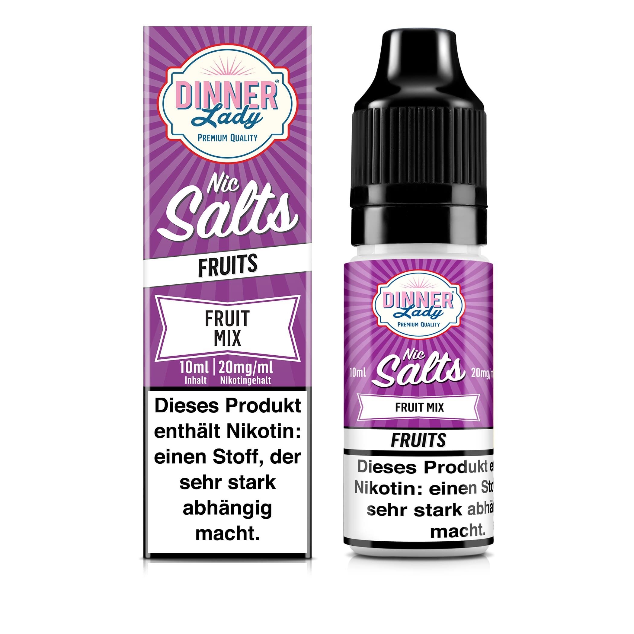 Liquid Fruit Mix von Dinner Lady Dinner Lady Nic Salts Fruit Mix Nikotinsalzflasche und Verpackung mit Warnhinweis über Nikotinkonsum, 10ml Inhalt, 20mg/ml Nikotingehalt