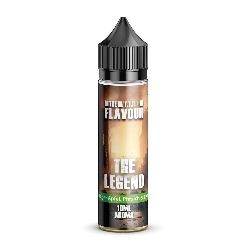 Aroma The Legend von The Vaping Flavour E-Flasche mit schwarzem Verschluss, bedruckt mit "The Vaping Flavour The Legend", Geschmack von saftigem Apfel, Pfirsich und mehr, 10ml Aroma.
