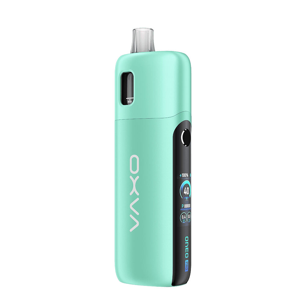 Oxva Oneo Pro Pod Kit Oxva Oneo Pro Pod Kit in Mintgrün mit Display auf der Seite, Schriftzug „OXVA“ in Weiß, transparentes Mundstück oben.