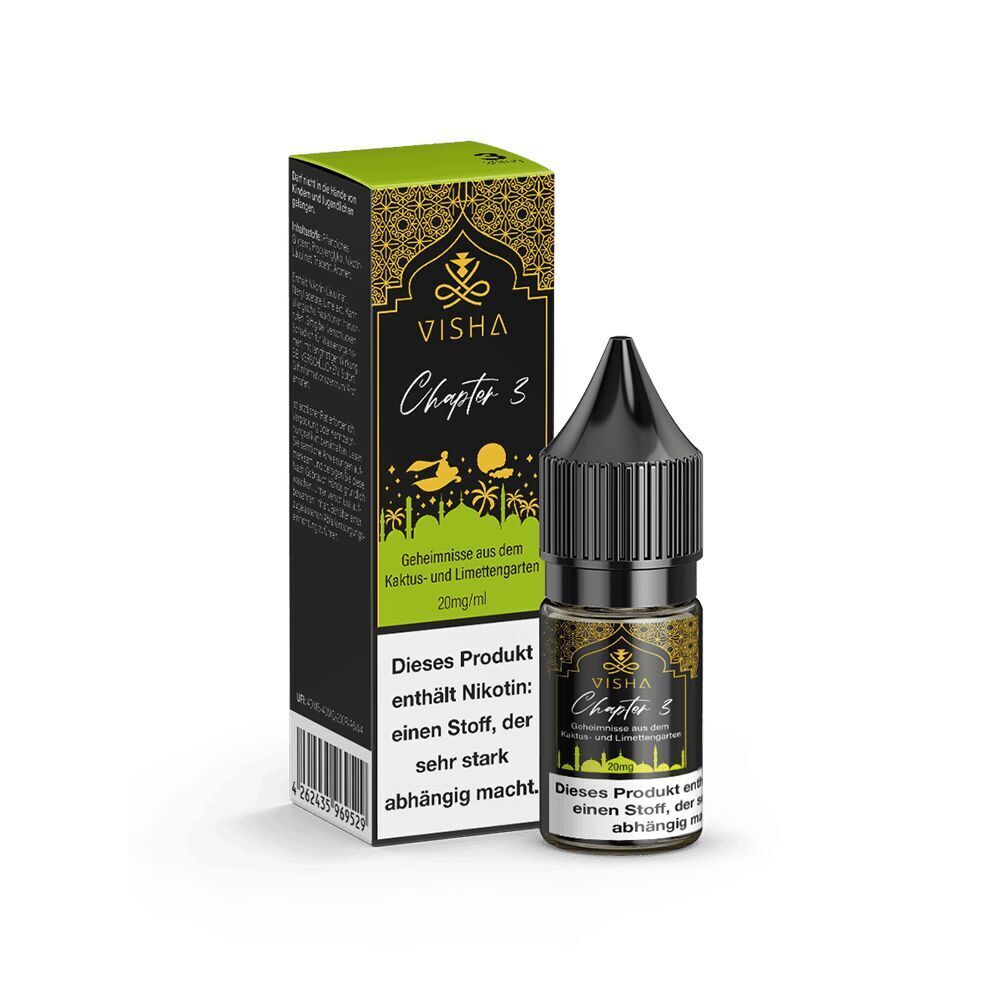 Liquid Chapter 3 - Visha Visha Nikotinsalz Chapter 3 Flasche und Verpackung mit Warnhinweis über Nikotinkonsum, 20 mg/ml, dekoratives Design in Schwarz und Grün