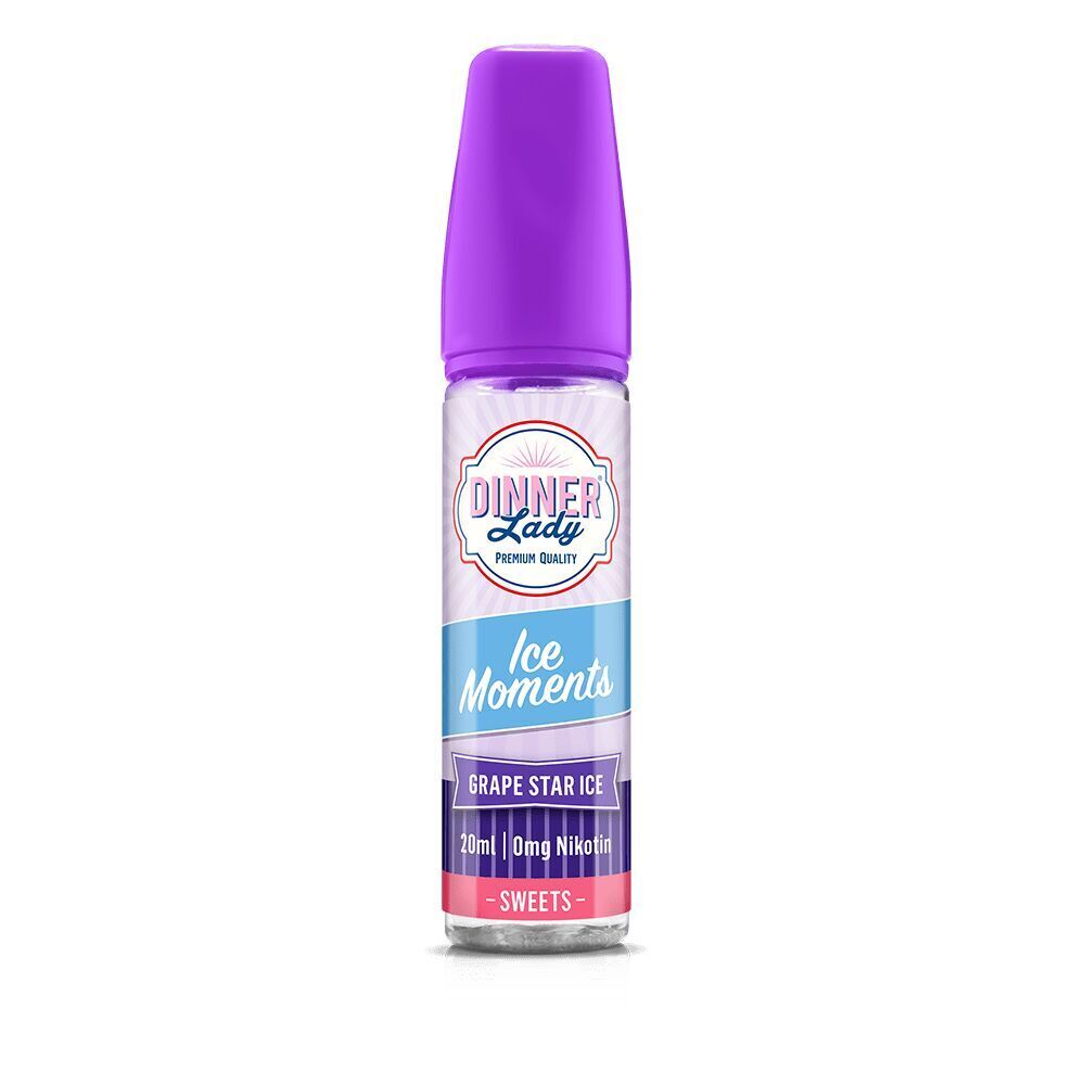 Aroma Grape Star ICE von Dinner Lady Dinner Lady Aroma Grape Star ICE Flasche mit lila Kappe, 20ml Inhalt, 0mg Nikotin, „Ice Moments“ und „Sweets“-Label sichtbar.