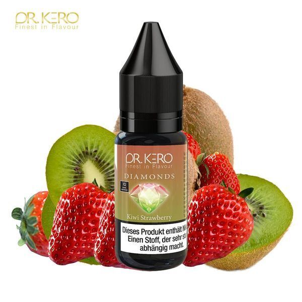 Liquid Kiwi Strawberry mit 10mg Nikotin von Dr. Kero Diamonds v2 Flasche Dr. Kero Diamonds v2 Nikotinsalz Kiwi Strawberry vor frischen Kiwi- und Erdbeerstücken mit Warnhinweis auf Abhängigkeit