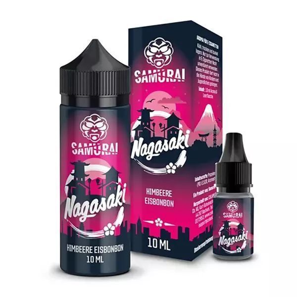 Aroma Nagasaki von Samurai Zwei Flaschen Samurai Aroma Nagasaki vor einer passenden Verpackung mit stilisierten Gebäuden und Text "Himbeere Eisbonbon".
