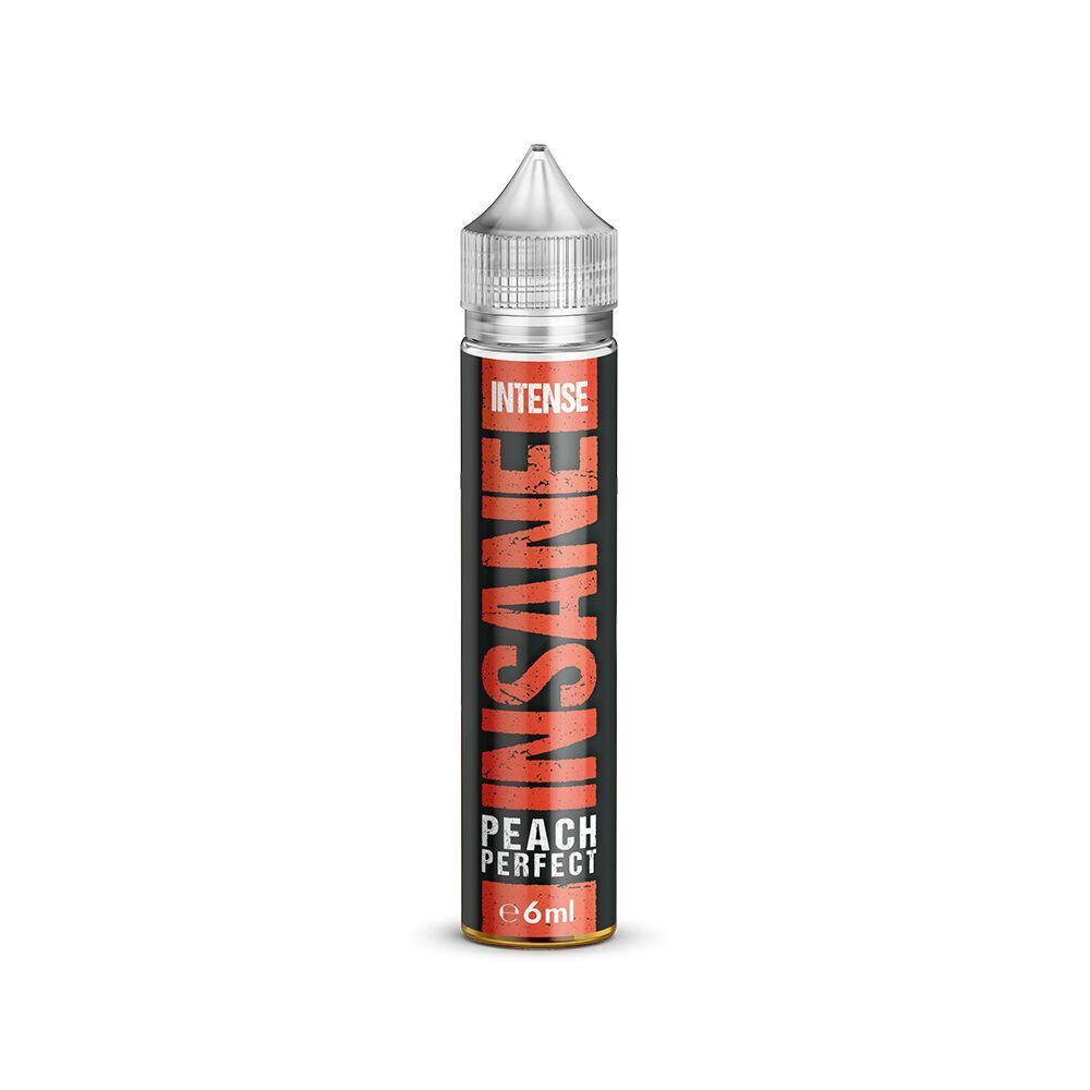 Aroma Peach Perfect - Insane Insane Aroma Peach Perfect 6 ml Flasche mit schwarz-rotem Design, der Text "Intense" und "Peach Perfect" ist sichtbar.