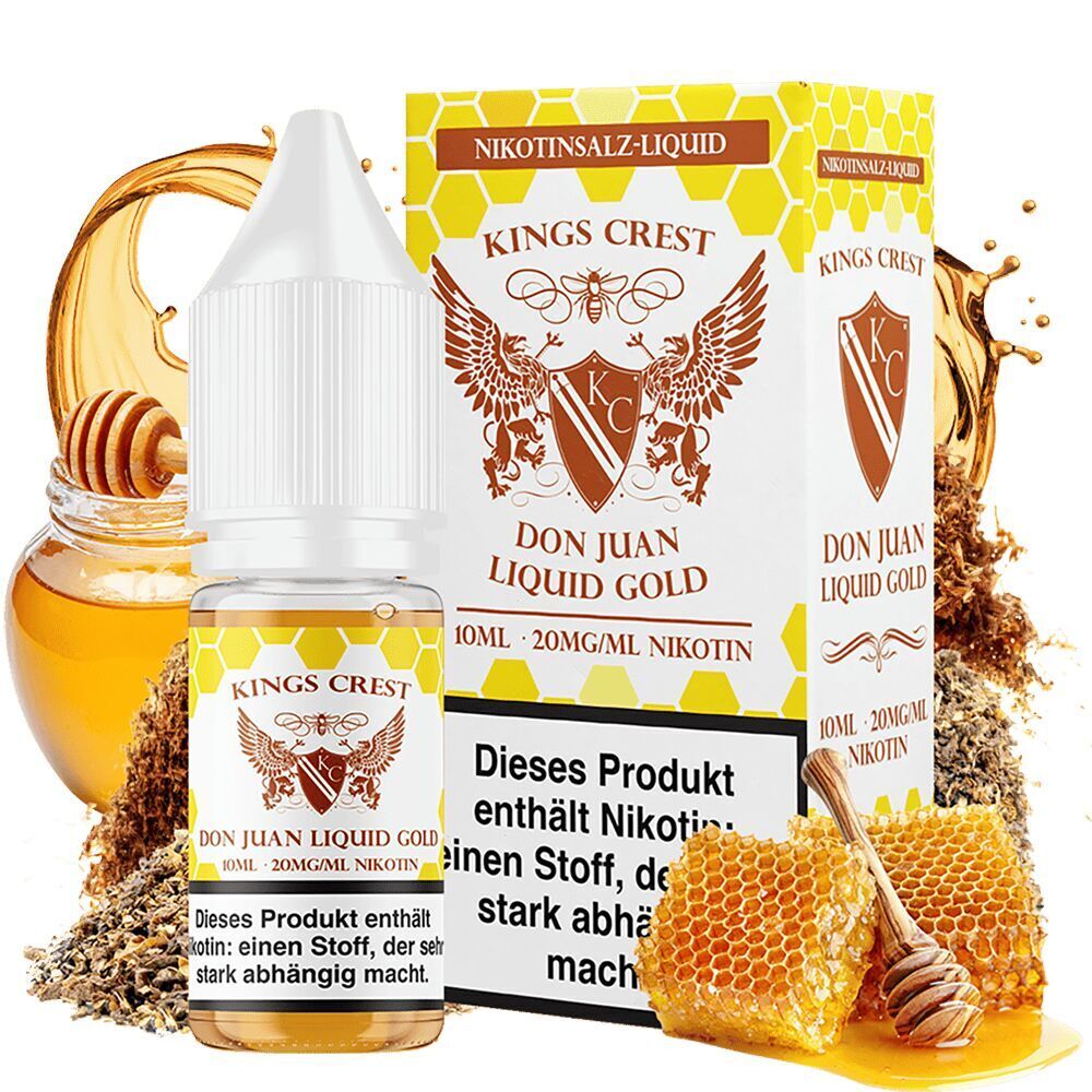 Kings Crest Don Juan Liquid Gold 10ml mit 20mg Nikotin, Flasche vor Verpackung, umgeben von Honig, Honigwabe und Tabak.