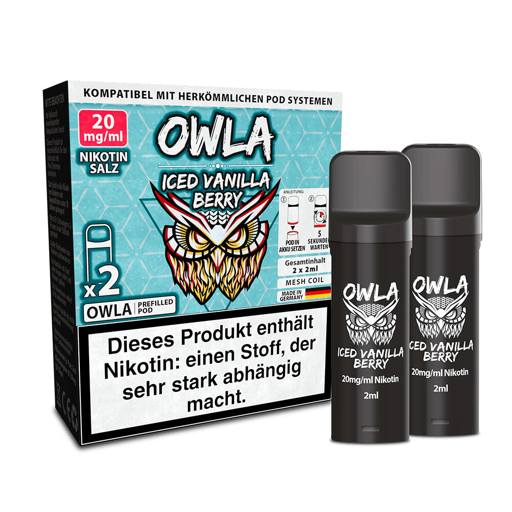 Owla Pods - Iced Vanilla Berry 20mg Owla Pods Iced Vanilla Berry 20mg, zwei schwarze Nikotinkapseln vor der Packung mit buntem Eulendesign und Warnhinweis.