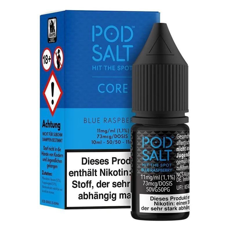 Liquid Blue Raspberry von Pod Salt Core Flasche Pod Salt Core Nikotinsalz Blue Raspberry vor blauem Karton mit Warnhinweisen, enthält 11mg Nikotin.