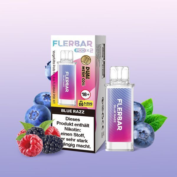 Blue Razz 20mg - Flerbar Pods Flerbar Pods Blue Razz 20mg vor Verpackung mit Beerenmotiv, blau-rotes Design, enthält Nikotin, 5-Zug Lable, 18+ Hinweis