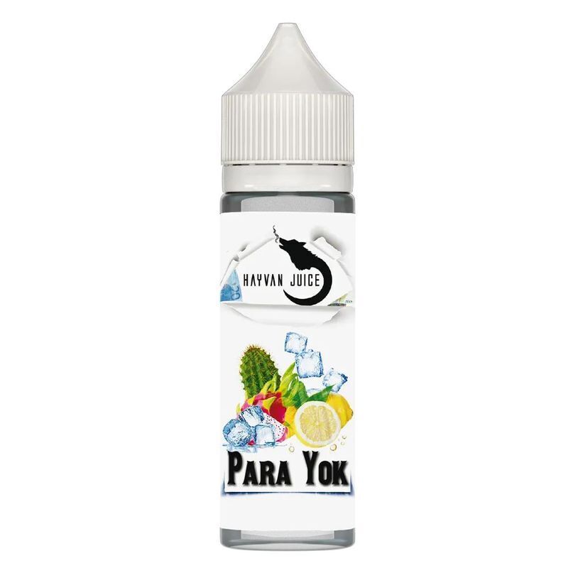 Aroma Para Yok von Hayvan Juice Flasche Hayvan Juice Aroma Para Yok mit Eiswürfeln, Zitrone und exotischen Früchten auf dem Etikett.