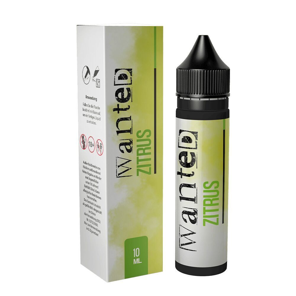 Aroma Zitrus - Wanted Eine Flasche und eine Verpackung des "Wanted Aroma Zitrus" mit grün-gelbem Design und Hinweistext, 10 ml Kapazität.