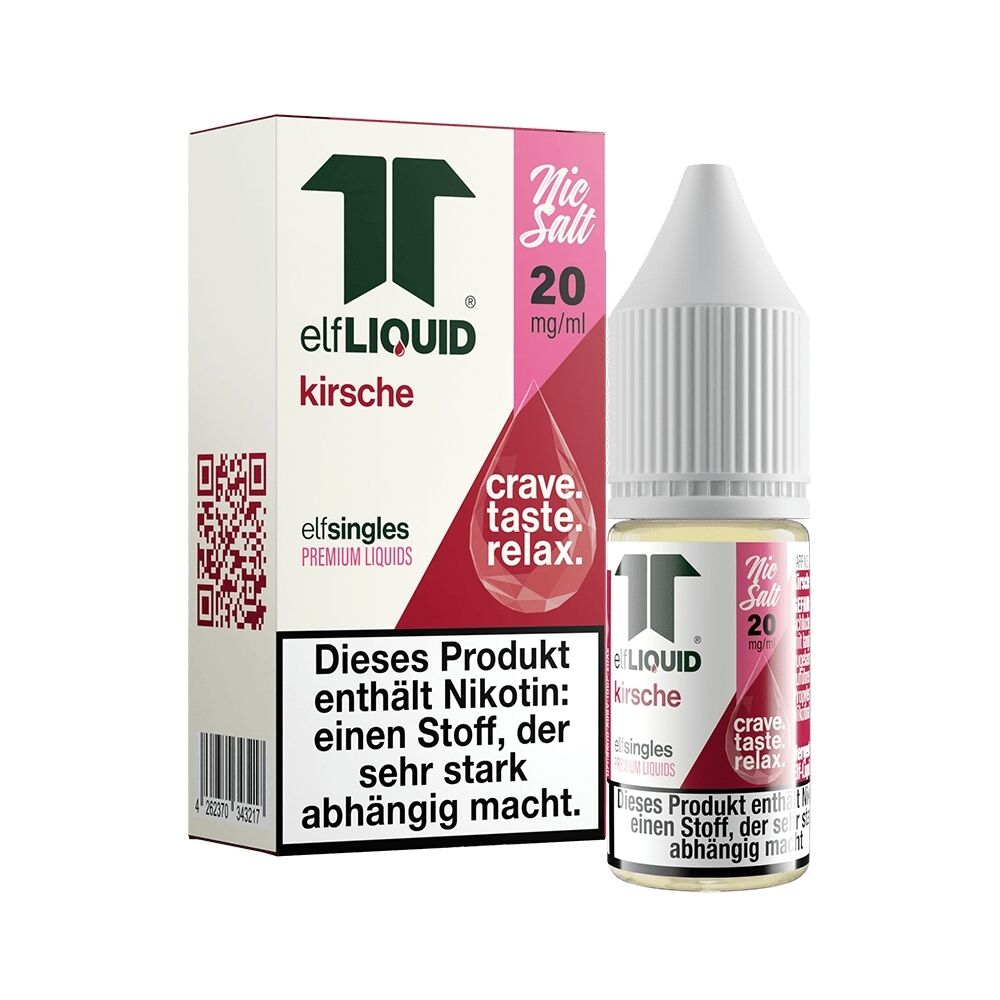 Elf Liquid Nikotinsalz - Kirsche Elf Liquid Nikotinsalz Kirsche Flasche und Verpackung, 20 mg/ml, Warnhinweis: enthält Nikotin, stark abhängig machend