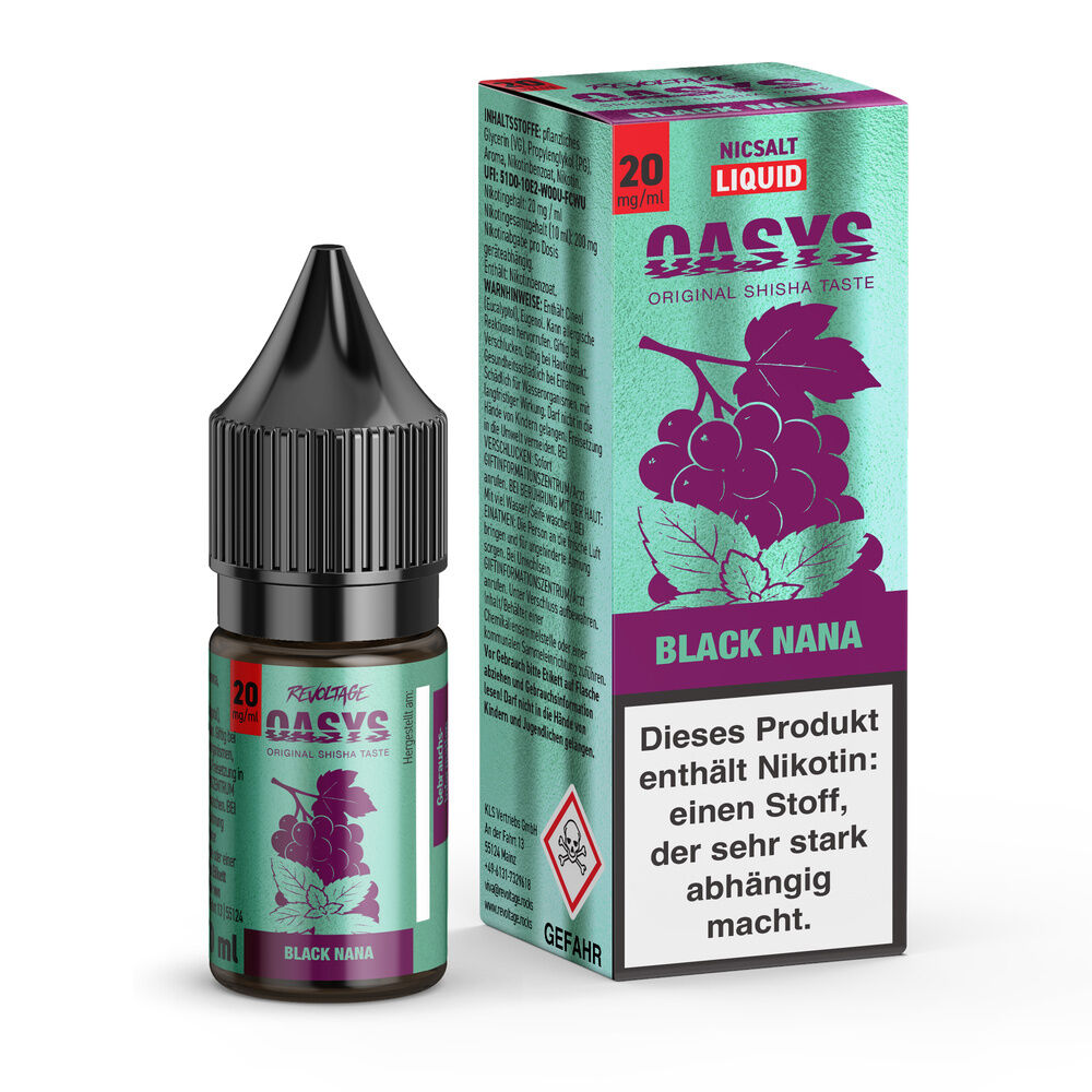 Flasche mit Oasys Nicsalt Liquid Black Nana, 20 mg/ml, grünes Etikett mit Traubenmotiv, schwarze Kappe, Verpackung neben der Flasche.