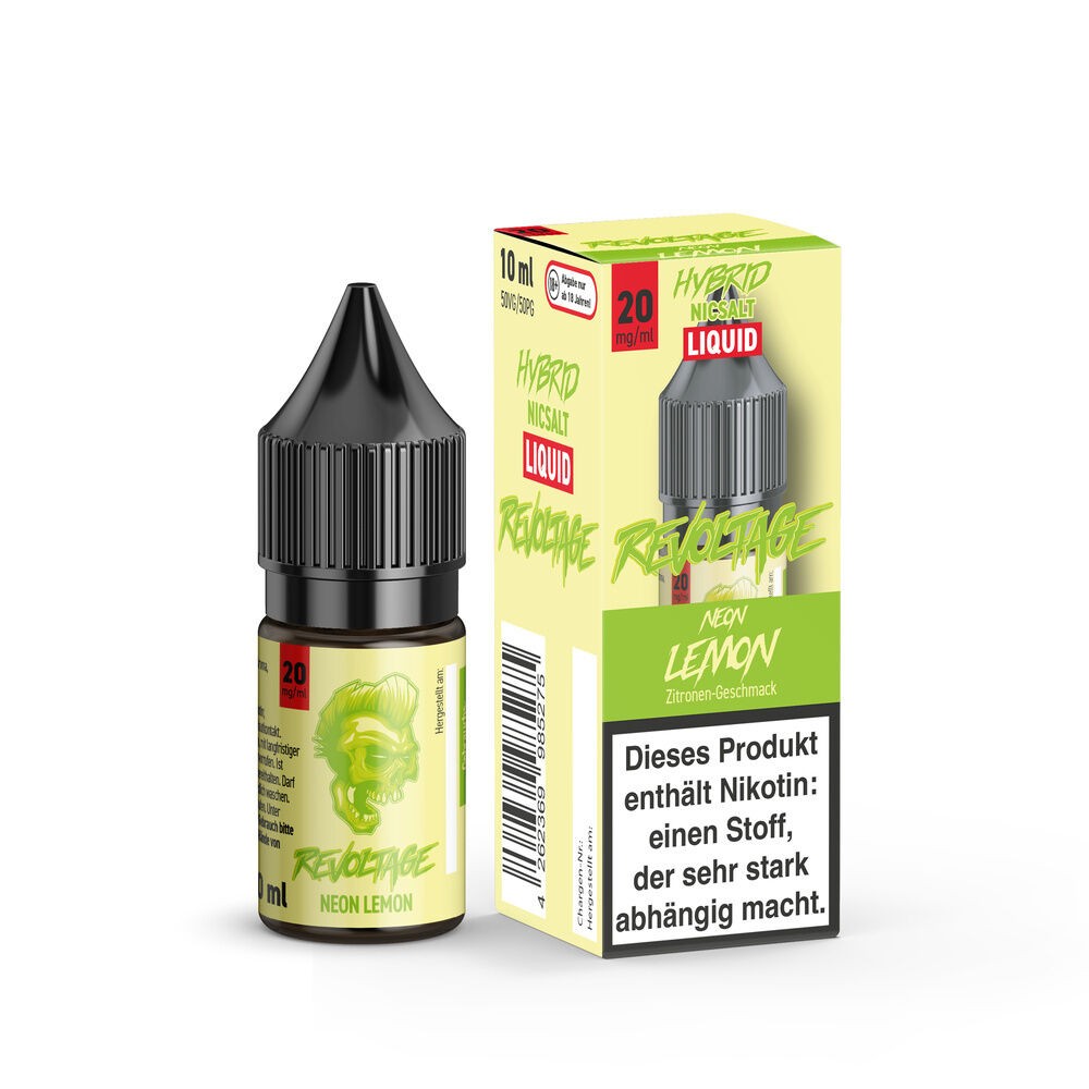 revoltage-hybrid-liquid-neon-lemon-20mg_2 Revoltage Hybrid Liquid Neon Lemon 20mg 10ml Flasche neben Verpackung mit Warnhinweis auf Nikotingehalt, grünes Design mit Totenkopf.