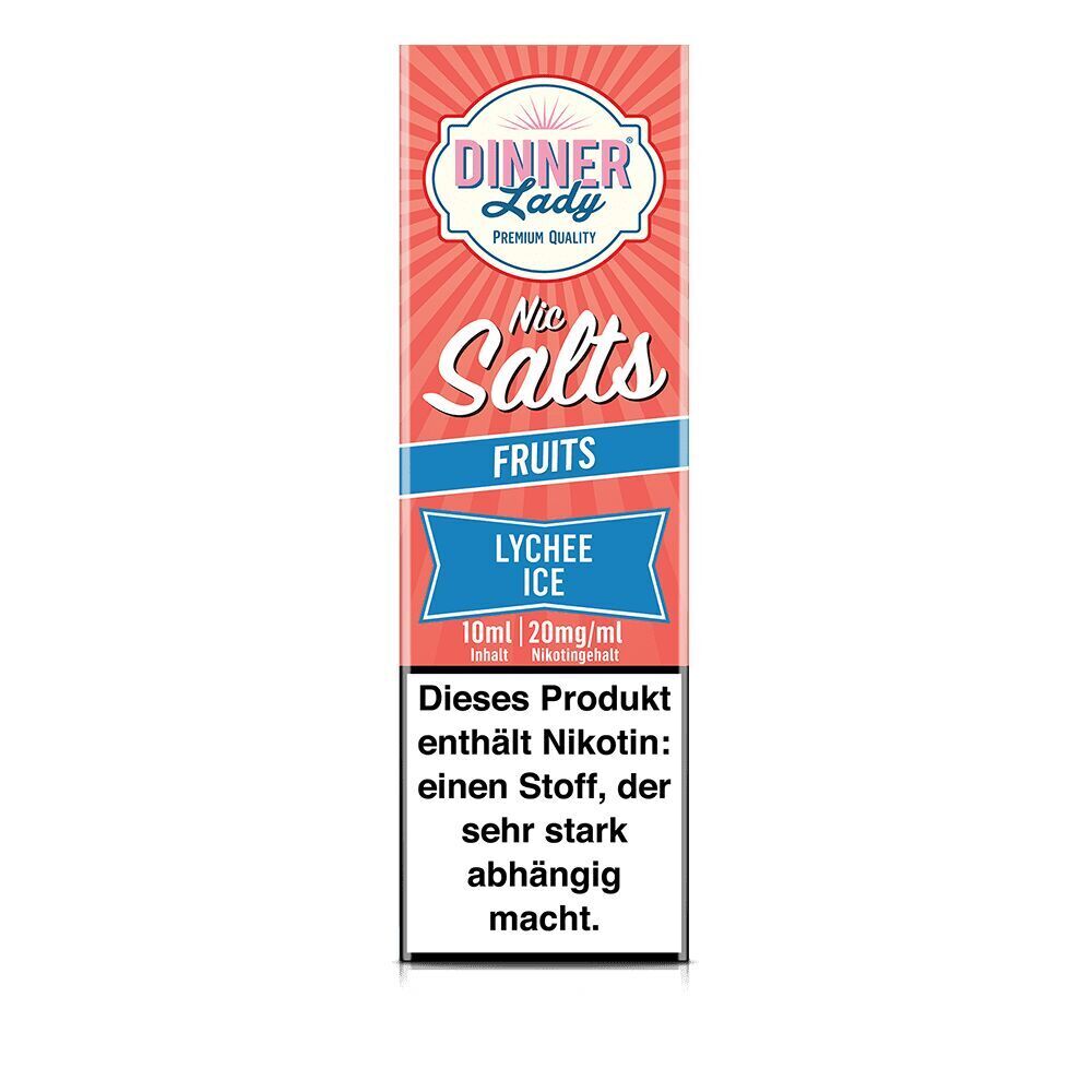 Liquid Lychee Ice - Dinner Lady Nikotinsalz Dinner Lady Nikotinsalz Fruits Lychee Ice 10ml, 20mg/ml, Verpackung mit rot-blauem Design und Hinweis auf hohes Suchtpotenzial durch Nikotin