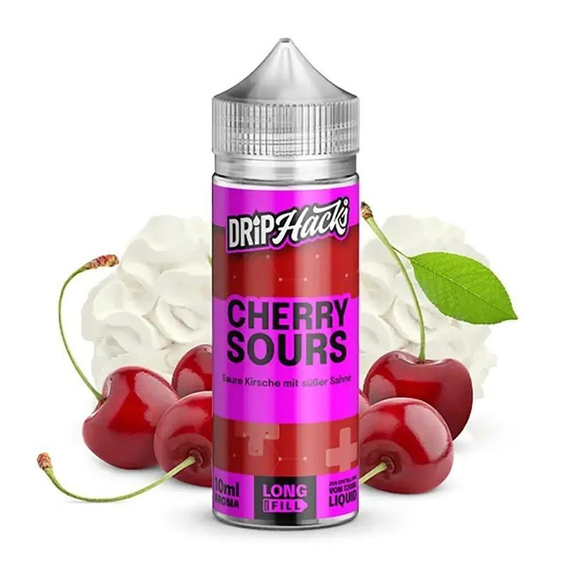 Aroma Cherry Sours von Drip Hacks Drip Hacks Cherry Sours Aroma-Flasche mit Kirschen, grünem Blatt und Sahnehäubchen im Hintergrund.
