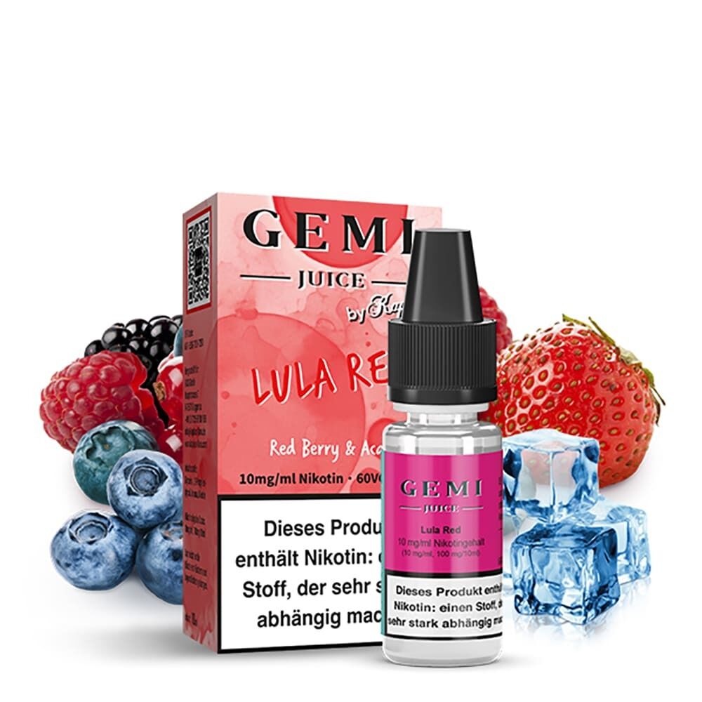 Liquid Lula Red mit 10mg Nikotin von Kapkas Gemi Juice Kapkas Gemi Juice Lula Red 10mg Nikotinsalzflasche vor Verpackung mit Früchten und Eiswürfeln