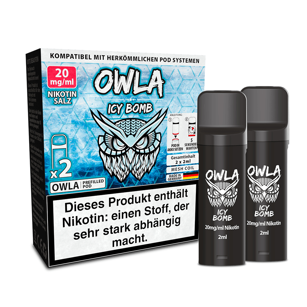 Owla Pods - Icy Bomb 20mg Verpackung mit zwei schwarzen Prefilled Pods, auffälliges Eulen-Design und Warnhinweis über Nikotininhalt.