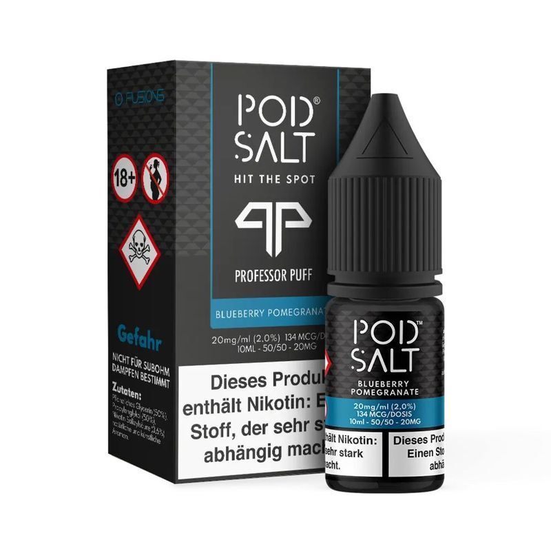 Liquid Blueberry Pomegranate mit 20mg Nikotin von Pod Salt Fusion Pod Salt Fusion Nikotinsalz Blueberry Pomegranate 20mg Flasche vor Verpackung mit Warnhinweisen und Logo "Professor Puff"