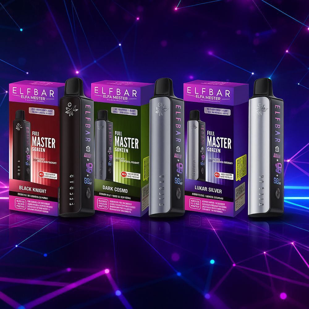Elfbar Elfa Master Pod Kit Elf Bar ELFA Master Pod Kit in Verpackungen mit den Varianten Black Knight, Dark Cosmd und Lukar Silver vor lila Hintergrund.
