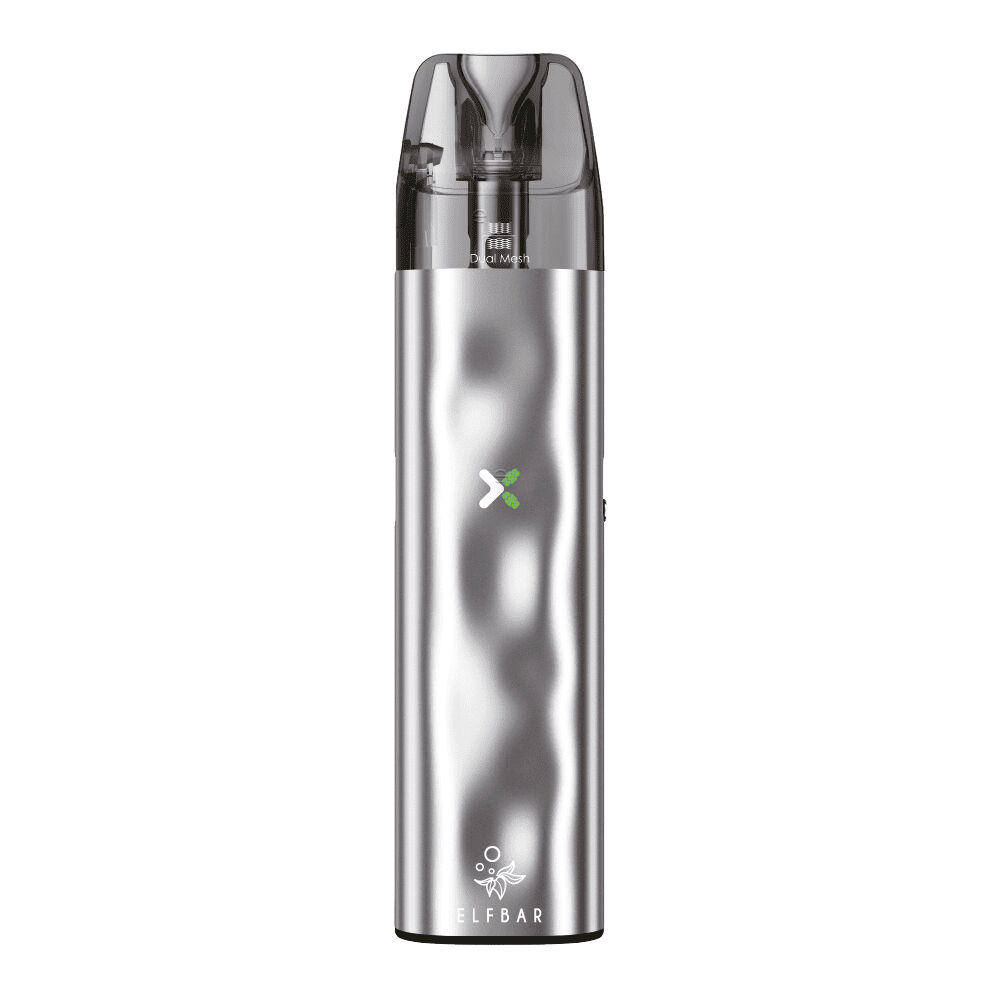 Elfbar Elfx Mini Pod Kit - Silver Elfbar Elfx Mini Pod Kit in Silber, glänzend, mit transparentem Mundstück, sichtbarem Logo und grünen Akzenten auf der Vorderseite