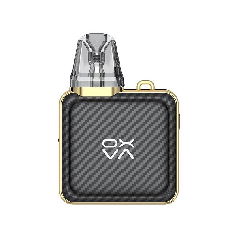 Oxva Xlim SQ Pro Pod Kit in Gold Carbon mit quadratischem Design, goldenen Akzenten und transparentem Mundstück, Oxva-Logo sichtbar.