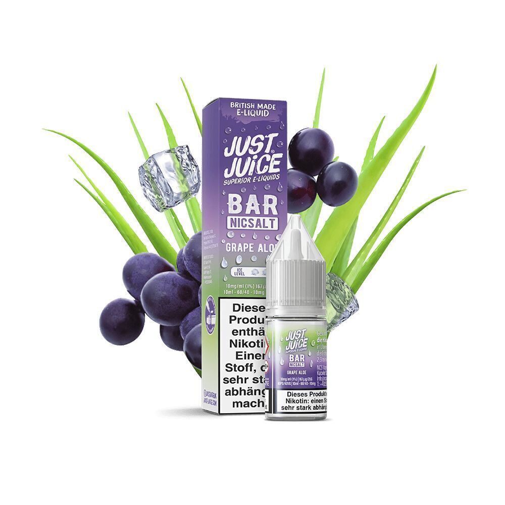 Liquid Grape Aloe 10mg - Just Juice Nikotinsalz-E-Liquid Just Juice Grape Aloe mit violetter Verpackung, Flasche und Eiswürfeln, umgeben von Trauben und Aloe.