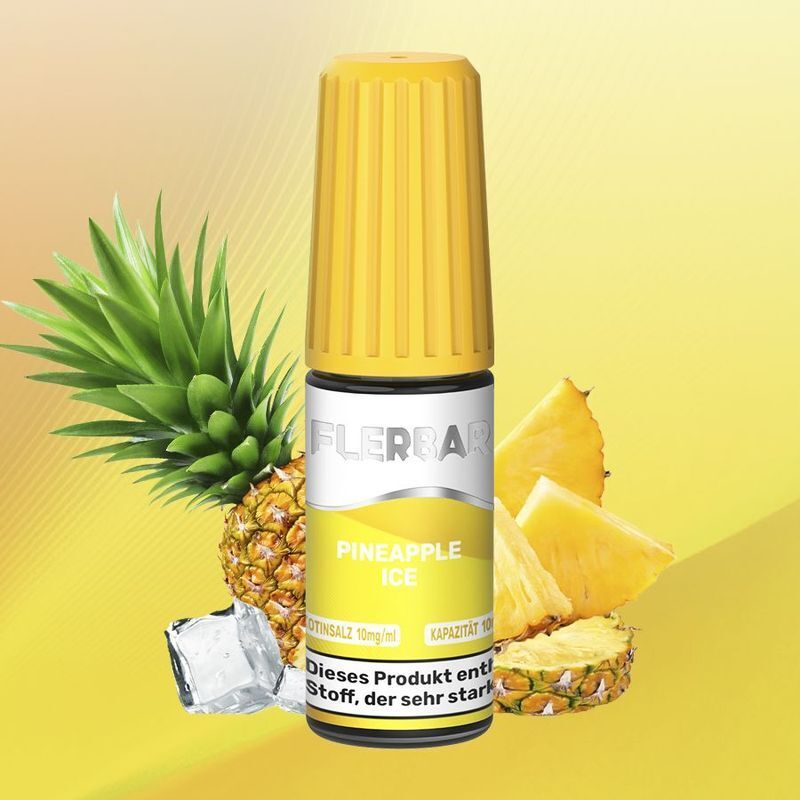 Liquid Pineapple Ice mit 10mg Nikotin von Flerbar Flerbar Nikotinsalz Pineapple Ice 10mg E-Liquid mit gelbem Deckel, im Hintergrund Ananas und Eiswürfel auf gelbem Verlauf.