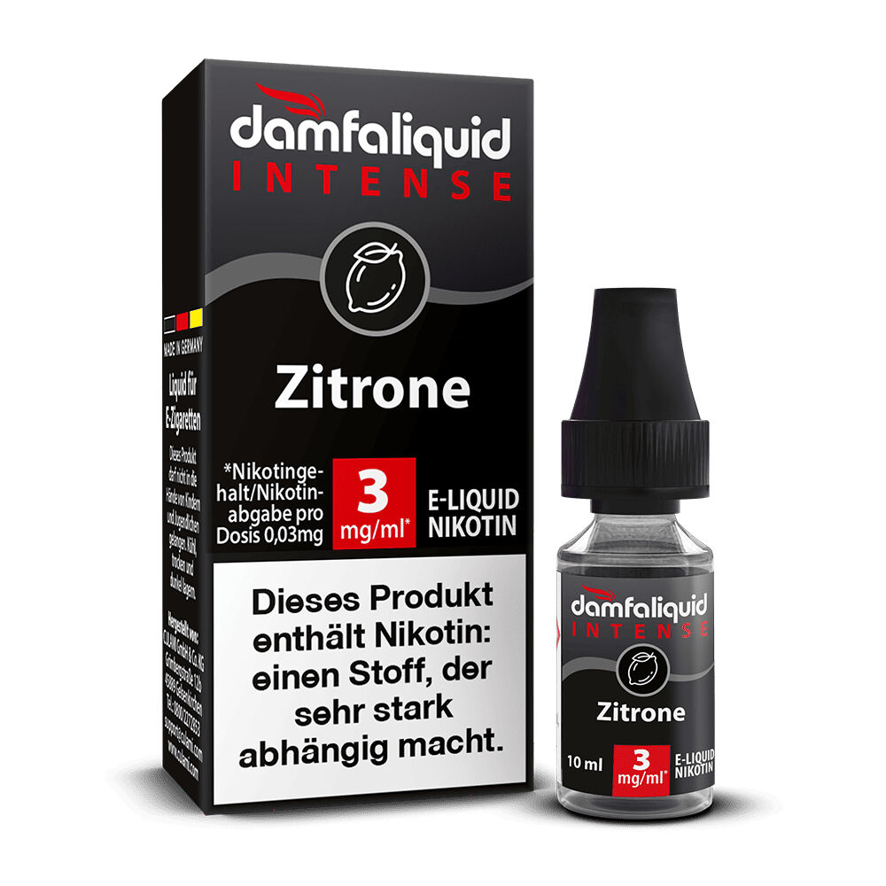 Damfaliquid Intense Liquid - Zitrone E-Liquid Nikotin 3 mg/ml, Damfaliquid Intense Zitrone, Flasche neben Verpackung, Warnhinweis über Nikotinabhängigkeit sichtbar.