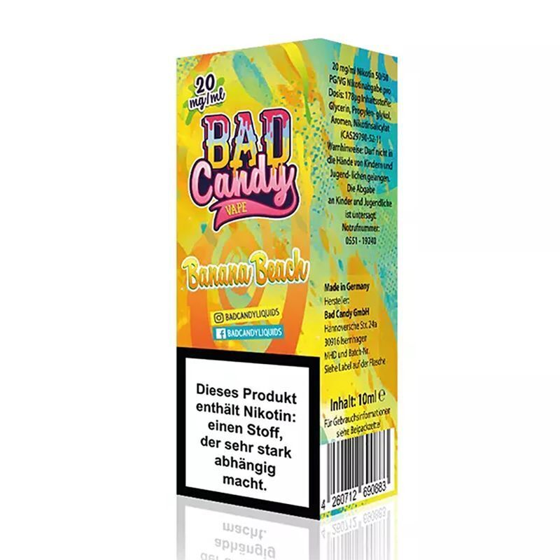 Liquid Banana Beach mit 20mg Nikotin von Bad Candy Verpackung von Bad Candy Nikotinsalz Banana Beach 20mg mit gelbem Design, enthaltenem Nikotinhinweistext und sozialen Medien Links.