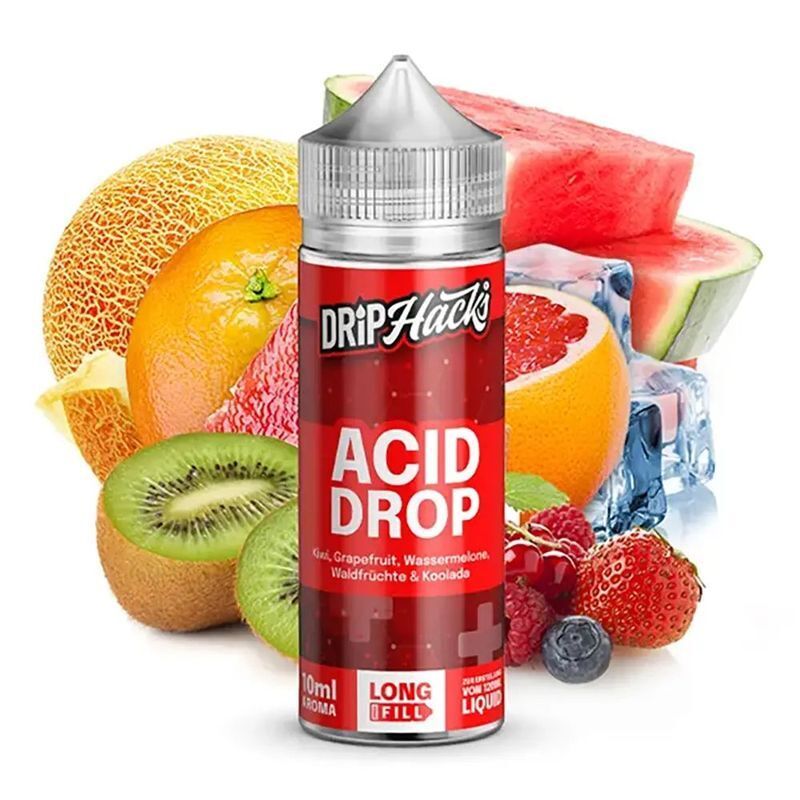 Aroma Ac Drop von Drip Hacks Drip Hacks Acid Drop Aroma Flasche umgeben von Kiwi, Grapefruit, Wassermelone, Honigmelone, Erdbeeren und Eiswürfeln