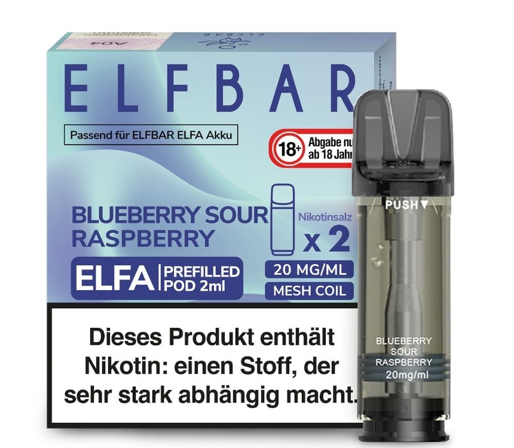 Blueberry Sour Raspberry Elfa Pods von Elfbar 20mg Elfbar ELFA Pods Blueberry Sour Raspberry 20mg, Verpackung mit Nikotinwarnung und Abbild eines schwarzen Pods.