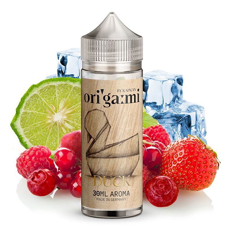 Aroma Origami Duck von Kapkas Kapkas Aroma Origami Duck 30ml Flasche umgeben von Limette, Himbeeren, Erdbeeren, roten Johannisbeeren und Eiswürfeln