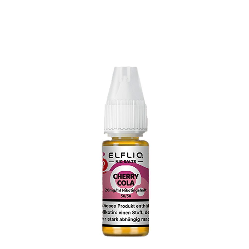 Elfliq Nikotinsalz - Cherry Cola 20mg Elfliq Nikotinsalzflasche mit der Aufschrift Cherry Cola, 20mg/ml Nikotingehalt, weiße Kappe, goldener Flüssigkeitsinhalt.