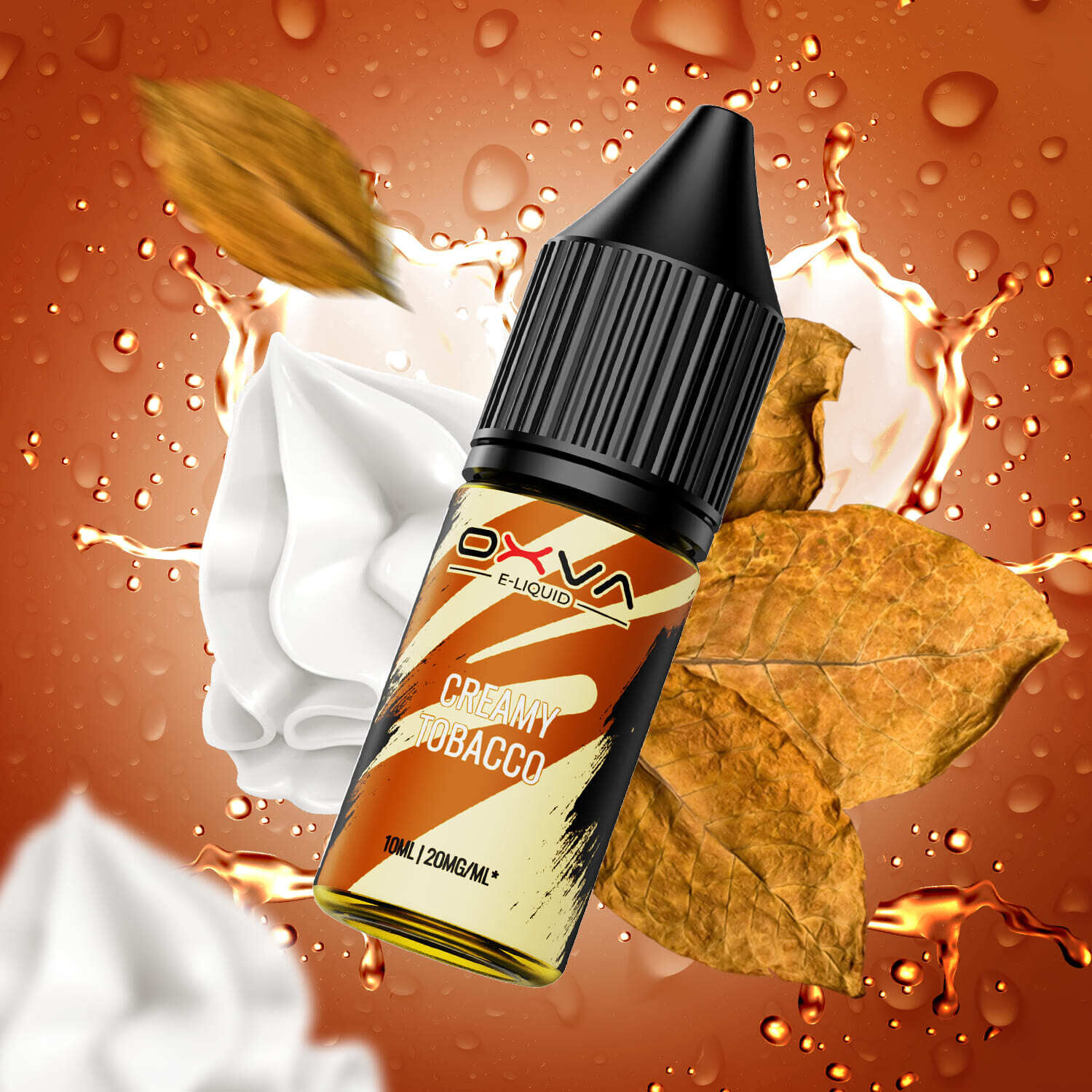 Oxva E-Liquid Flasche "Creamy Tobacco" 20mg vor orangenem Hintergrund mit Sahnehäubchen und Tabakblättern