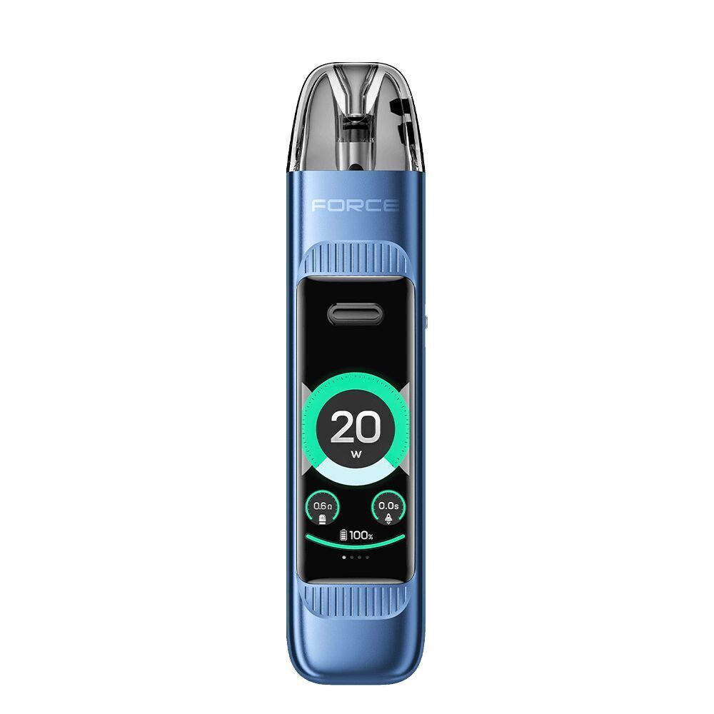 Linvo Force X Pod Kit in Himmelblau mit digitaler Anzeige, offenem Mundstück und Leistungsanzeige bei 20 Watt.