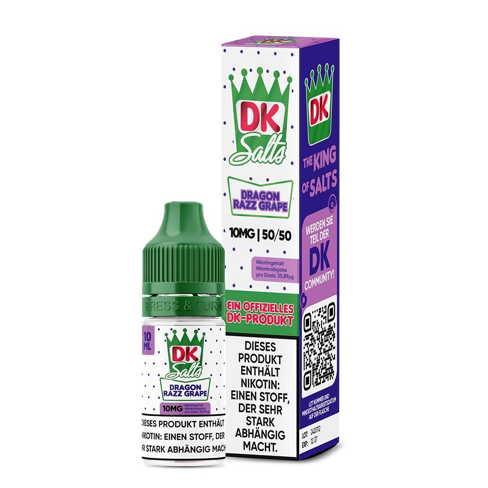 Liquid Dragon Razz Grape 10mg - DK Salts E-Liquid DK Salts Dragon Razz Grape 10mg, Flasche und Verpackung mit grünem Verschluss, Hinweis auf Nikotingehalt, Produktdetails sichtbar