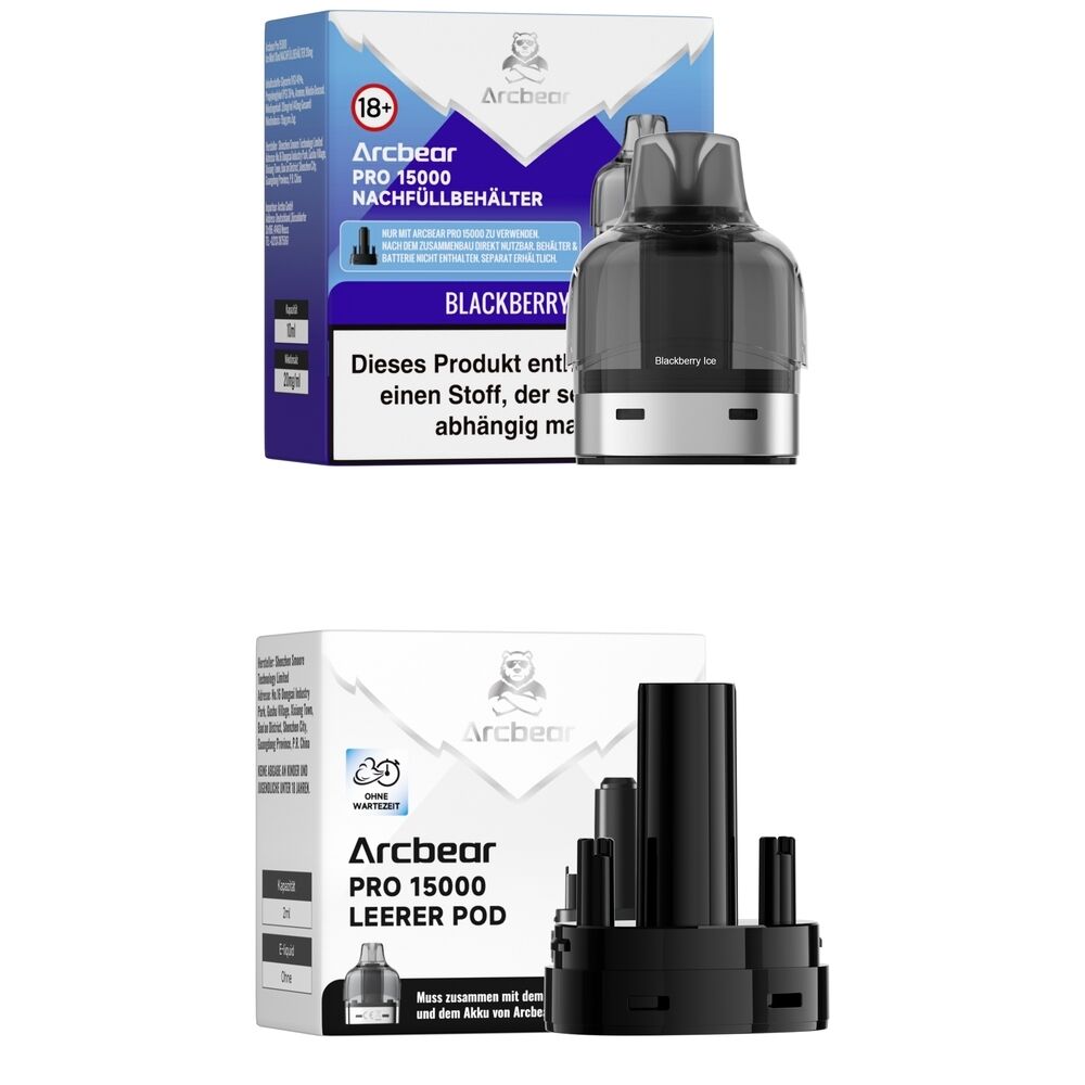 Arcbear Pro 15000 Pods - Black Ice 20mg Arcbear Pro 15000 Pods mit Blackberry Ice Geschmacksrichtung und leere Pods abgebildet, Verpackung und Produktdetails gut sichtbar.