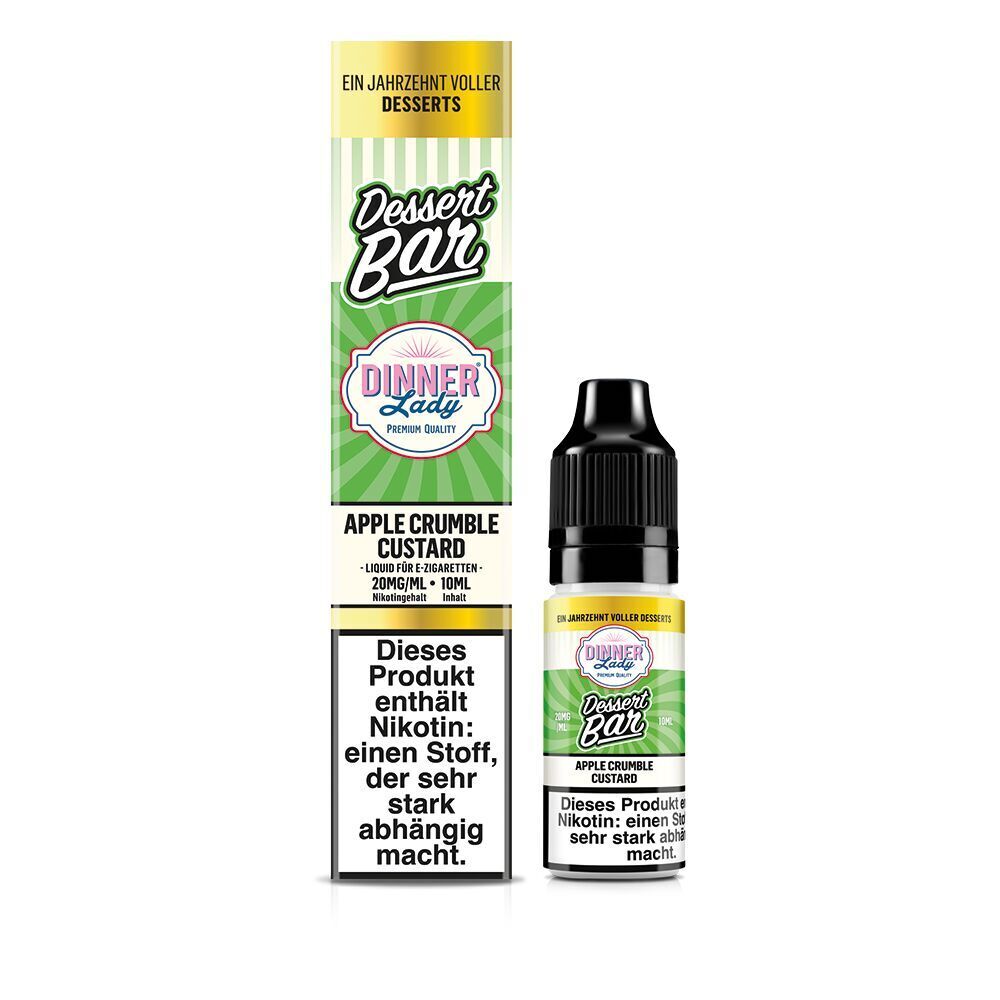 Liquid Apple Crumble Custard 20mg - Dinner Lady Nikotinsalz Dinner Lady Dessert Bar Nikotinsalzflasche und Verpackung mit der Aufschrift Apple Crumble Custard, Warnung vor Nikotinsucht