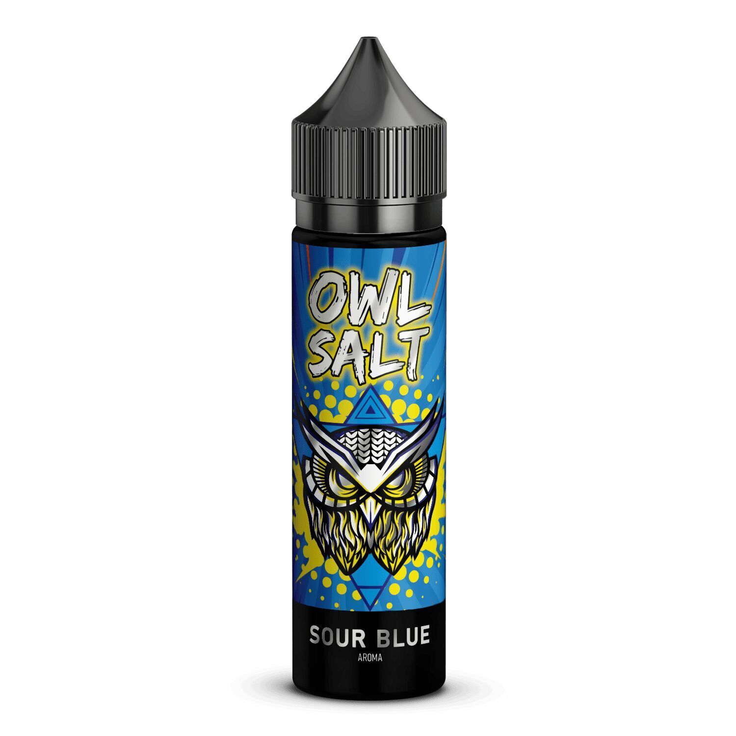 Aroma Sour Blue - Owl Salt Flasche mit auffälligem Design und einem Eulenmotiv, beschriftet mit „OWL SALT“ und „SOUR BLUE AROMA“ auf blauem Hintergrund mit gelben Akzenten.