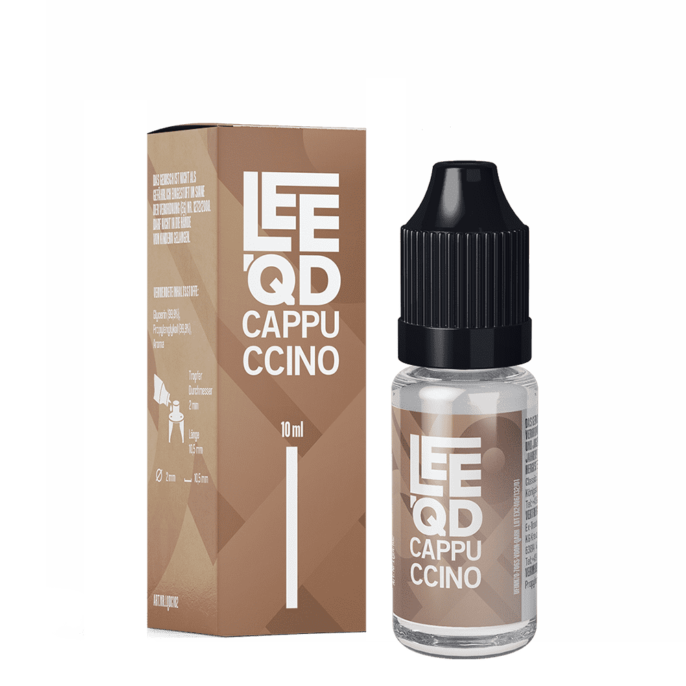 Liquid Crazy Cappuccino 0mg - Leeqd E-Liquid Flasche und Verpackung der Marke Leeqd mit der Aufschrift "Cappuccino" in Weiß auf braunem Hintergrund, 10 ml Inhalt.
