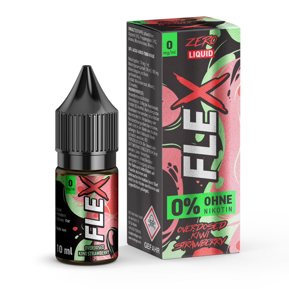 Revoltage Flex Nikotinsalz - Kiwi Strawberry Flasche und Verpackung von Revoltage Flex Liquid Kiwi Strawberry, 0 mg Nikotin, mit buntem Design und Warnhinweisen sichtbar.