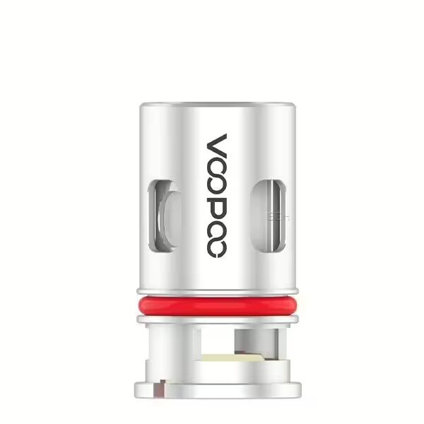 Voopoo PnP Coil 0,30 Ohm VM1 in silberner Ausführung mit rotem Dichtungsring und seitlichen Öffnungen, Logo sichtbar.