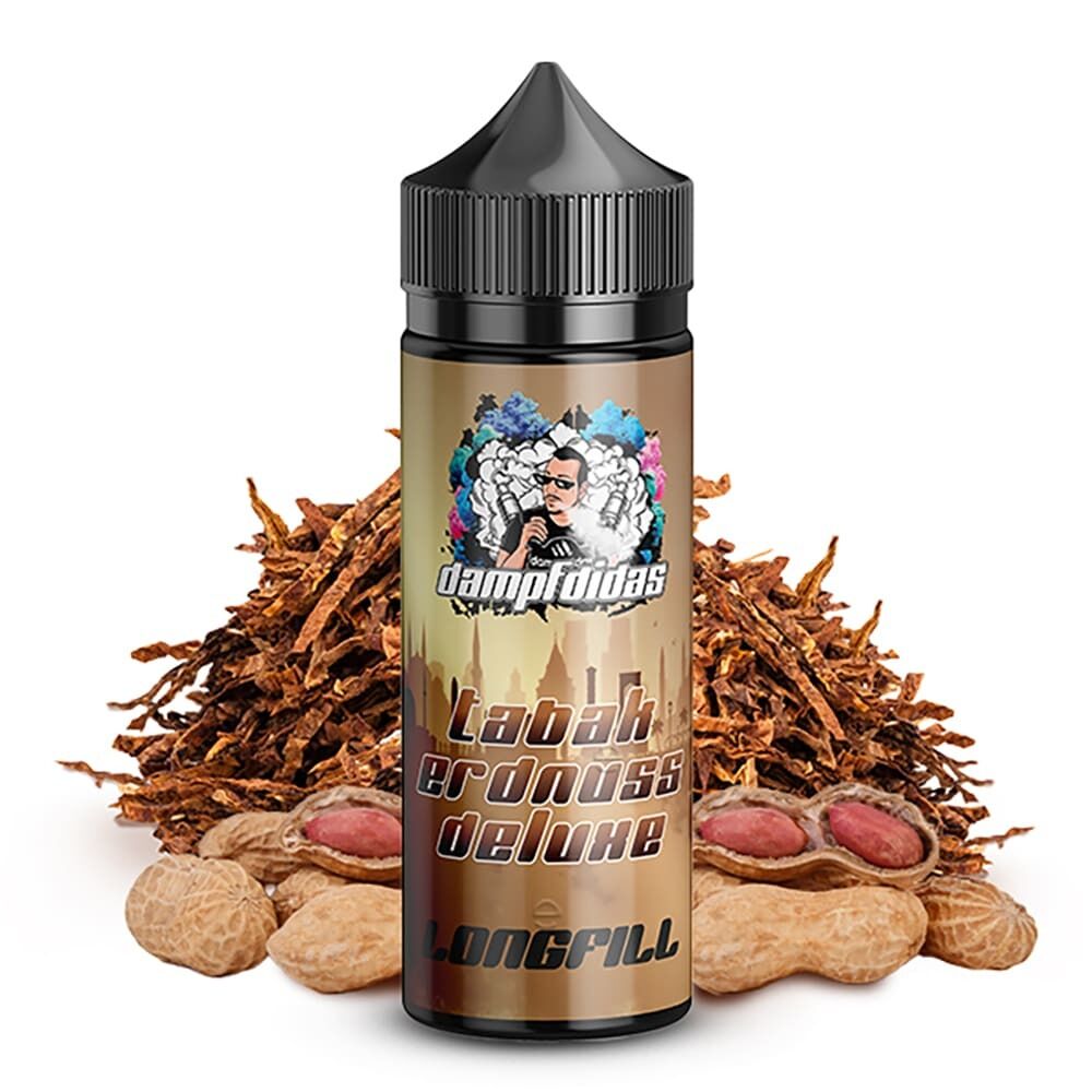 Aroma Tabak Erdnuss Deluxe - Dampfdidas Dampfdidas Aroma Flasche mit Tabak und Erdnüssen im Hintergrund, auf der Flasche steht "Tabak Erdnuss Deluxe Longfill".