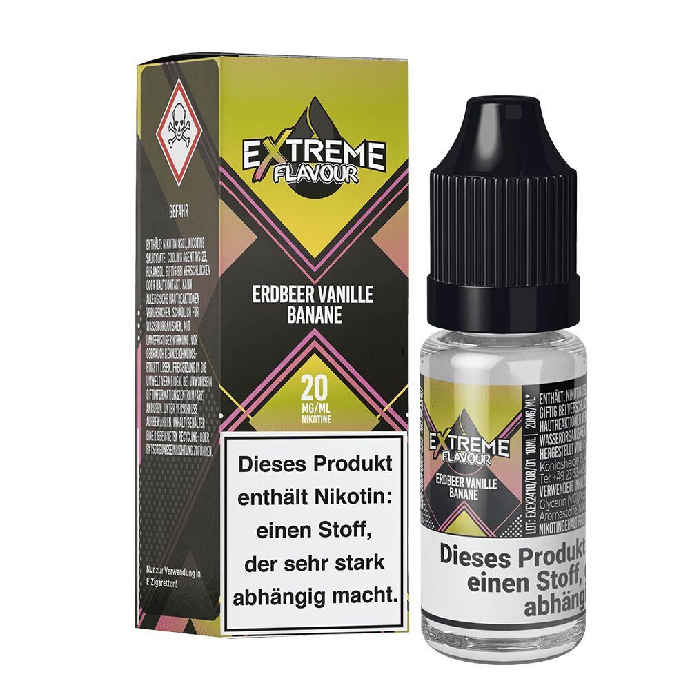 Liquid Erdbeer Vanille Banane 20mg - Extreme Flavour Extreme Flavour Nikotinsalz-Flasche und Verpackung für Erdbeer Vanille Banane Aroma, enthält 20mg Nikotin mit Warnhinweis über Abhängigkeit.