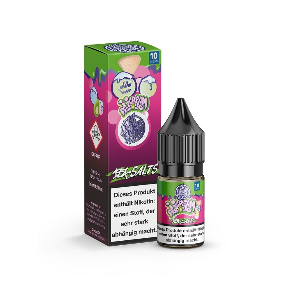 E-Liquid-Flasche und Verpackung mit der Aufschrift I Scream Pistachio, 10 mg Nikotinhinweis und Farbgrafiken, Produkt der 187 Strassenbande.