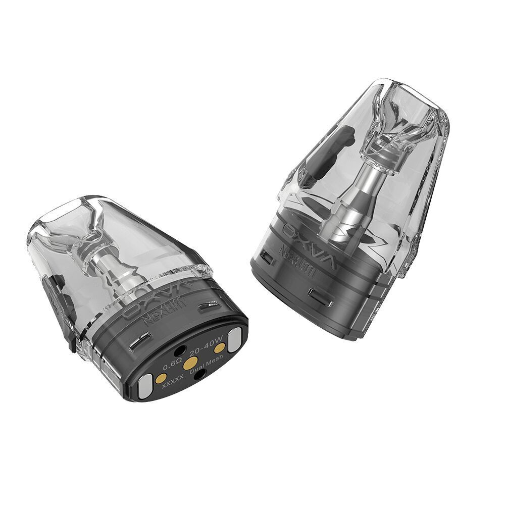 Oxva NeXLIM Pods mit Coil Zwei transparente Oxva NeXLIM Pods mit Coil, Metallspirale innen sichtbar, seitlich liegend, für Vaping-Geräte geeignet